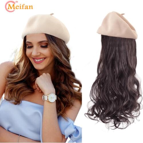 MEIFAN Long Wavy Curly /Straight Wigs with Beret Cap Hair Extensions Woolen Fabric Beret Winter Warm Hat Wig