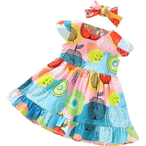 Kids Summer Dress Multicolor Fruit Print Round Neck Short Sleeves Frilly A-Line Gown for Little Girls