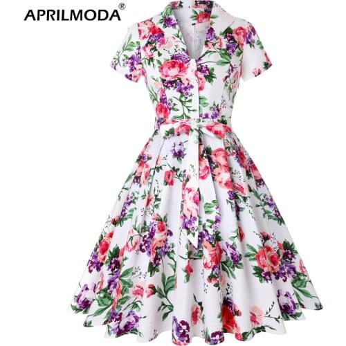 Spring Autumn Cotton Vintage Tunic Midi Dress 50S Short Sleeve 4XL Plus Size Swing Retro Floral Print White Rockabilly Vestidos