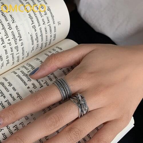 QMCOCO Punk 925 Silver Trendy Rings For Women Creative Simple Double Layer Knotted Geometric Vintage Do Old Party Jewelry Gifts