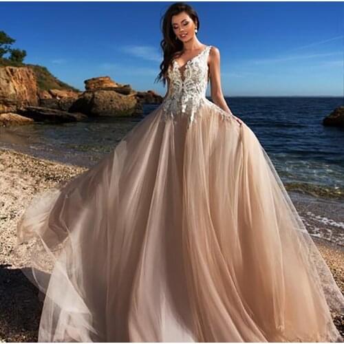 Smileven Princes Wedding Dresses Champagne A Line Beach Lace Bride Dresses Robe De Mariee Wedding Gowns