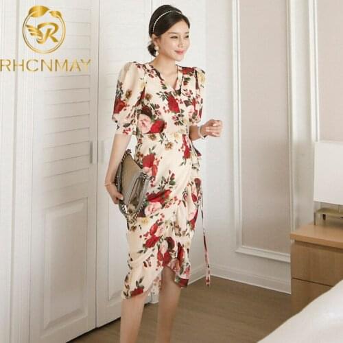 2021 Summer New Fashion V-neck Ruffles Irregular Half Sleeve Bandage Waist One-Piece Commute Vintage Printed Dress Women