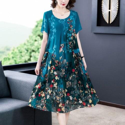 2021 Blue Floral Chiffon Dress Fashion O-Neck Short Sleeve Loose Plus Size 4XL Printed Casual Clothing For Women Vestidos zh1368