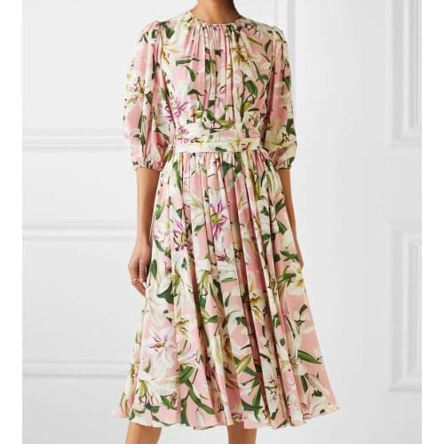 2019 Autumn New Customize Made Women Casual Plus Size 3XS-10XL O Neck Half Sleeve Floral Printing A Line Dress Pink/Black