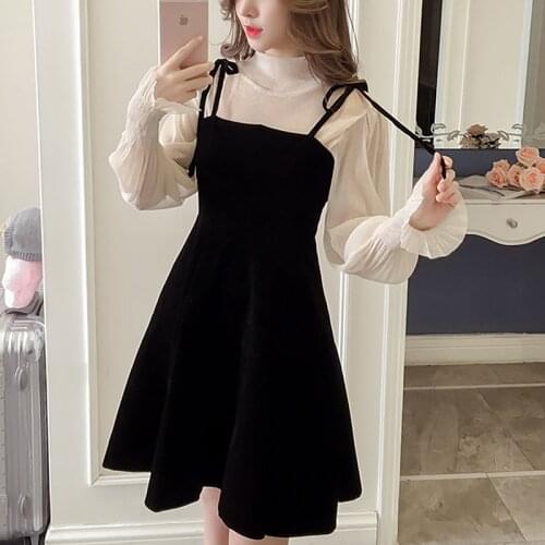 Elegant Velvet Dress Women Autumn Winter Korean A-Line Tops and Black Sundress Streetwear Two Piece Dress vestidos