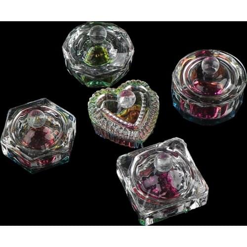 1pcs Rainbow Crystal Clear Acrylic Liquid Dish Dappen Dish Glass Cup With Lid Bowl For Acrylic Powder Monomer Nail Art Tool Kit