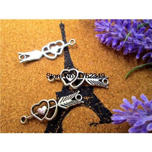 20pcs Arrow Charm Connectors Antique Tibetan Silver Tone Cupids arrow charms pendants,double hearts charm Supplies 39x13mm