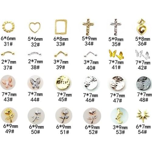 50pcs/Pack Alloy Nail Art Parts Decals Heart Frame Cross Pineapple Butterfly Rose Flower 3D DIY Metal Accessories Sticker Tools