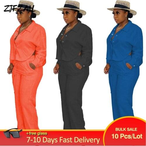 Bulk Items Wholesale Lots Autumn New Woman Button Up Full Sleeve Blouse Wide Leg Trouser Matching Set Office Lady Workwear New