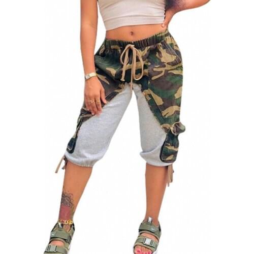 Cargo Shorts Pants Women Mid Waist Pockets Knee Length Pant 2021 Summer Fashion Camouflage Splice Casual Military Overalls Pants