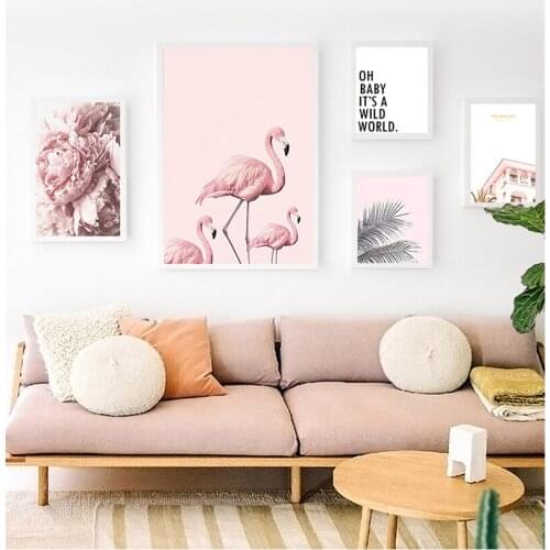 Decoration Picture Living Room Decor Nordic Flamingo Flower Wall Art Canvas Pink Minimalist Print Painting Scandinavian
