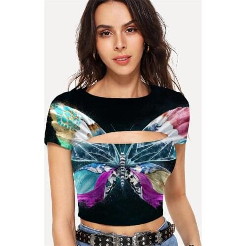 Somepet Butterfly T-shirt Women Animal Navel Bare Colorful T-shirts 3d Harajuku Tshirt Printed Short Sleeve Hip Hop Printed