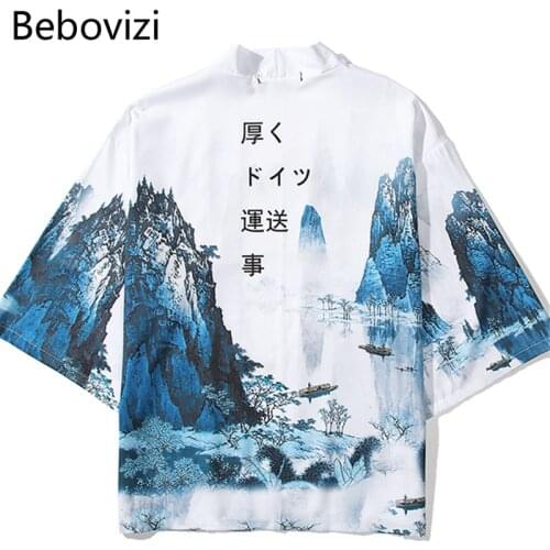 Bebovizi Chinese Style Landscape Painting Cardigan Kimono Harajuku Women Men Yukata Japanese Streetwear White Traditional Tops