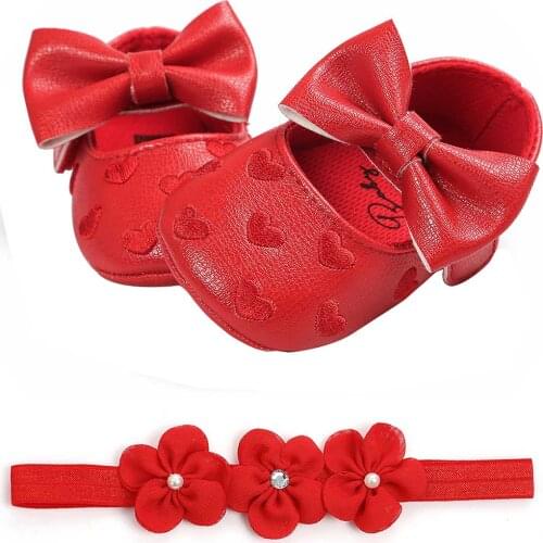 Baby Baptism Shoes and Headband Set Cute Heart Princess Dress Shoes and Flower Hairband for Infant Newborn Girls