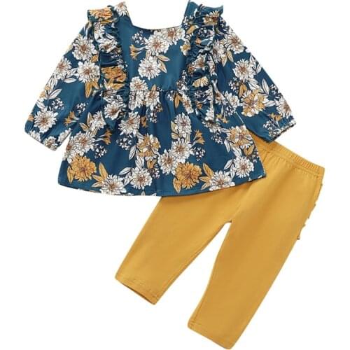 2Pcs/set Baby Girl Spring And Autumn Cotton Cute Long Flare Sleeve Flower Pattern T-shirt Tops+Solid Color Pants Trousers Set