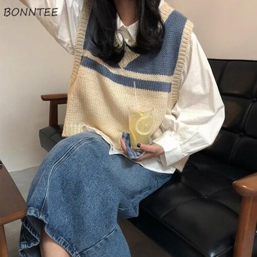 Sweater Vest Women Patchwork Short Style Harajuku V-neck Leisure Sleeveless All-match Jumper Sweet Students Streetwear All-match
