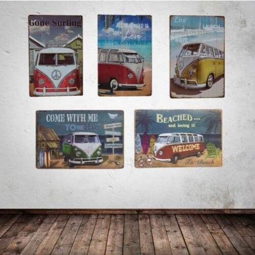 Seaside Love Beach Bus tin Sign Metal Plaque Home Pub cafe Restaurant wall decoration Retro Gift Sign Customizable