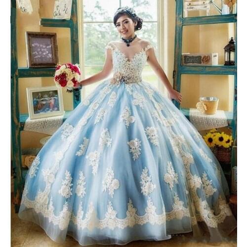 Sky Blue Quinceanera Dresses Sweet 16 Girls Elegant 2020 Applique Ribbon Lace Hand Made Flowers Pageant Dress Prom Ball Gowns
