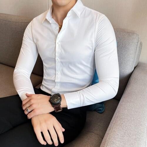 Autumn New Solid Shirt Men Long Sleeve Fashion Tight-Fitting Design Button Down White Shirts British Casual Blouse