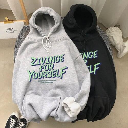 Autumn/Winter Harajuku Hoodie Womens Long Sleeve Letter Print Hooded Sweatshirt Fleece Men and Women Same Style Black Hoodie
