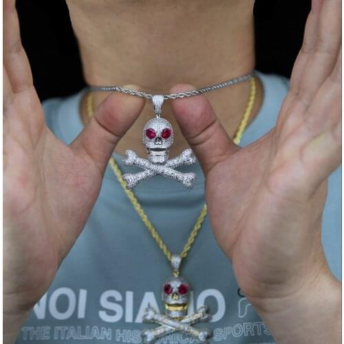 Iced out New design Full Crystal Zircon Pave Skull Pendant Necklace with Long Rope Chain For Men Boy Friend Hip Hop Punk Jewelry