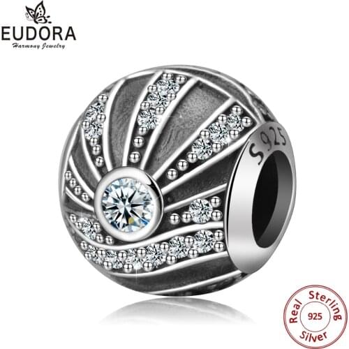 EUDORA Sterling Silver Cubic Zirconia Round Oxidation Sun bead Charms for Lady Bracelet & Pendant Necklace Family Gift CYZ045
