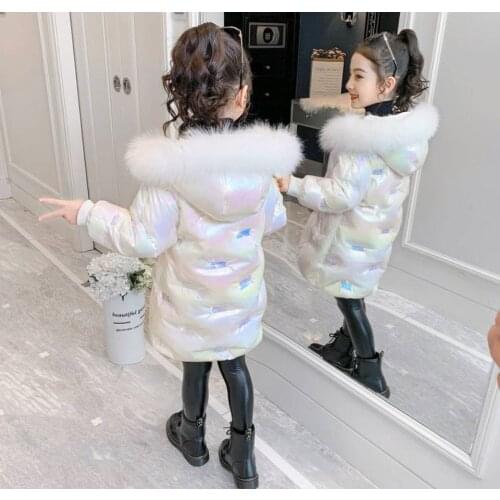 For 2020 New Year Winter Girls Down Jackets Hooded Thicken Waterproof Sequin Parkas Coat 2 Colors Fur Collar Children Outerwear