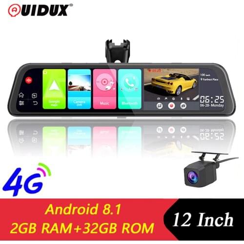 QUIDUX 4G 12" Touch Car Mirror Video Android 8.1 Dash Cam GPS Navigator ADAS FHD 1080P Dual Camera rearview mirror DVR Recorder