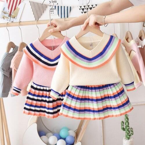 LZH Childrens Clothing 2020 New Autumn Winter Knitted Dress Rainbow Stripes Sweaters+Skirt Suit For Baby Girls Princess Dress