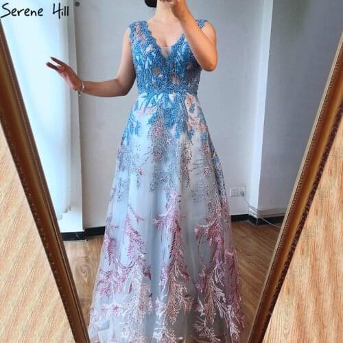 Blue A-Line Sleeveless Sexy Long Prom Dresses 2020 High-end Beading Lace V-Neck Party Gowns 2020 Serene Hill BLA70667