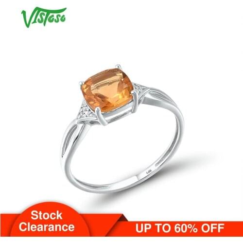 VISTOSO Pure14K 585 White Gold Ring For Women Square Sparkling Citrine Diamond Anniversary Exquisite Gifts Classic Fine Jewelry