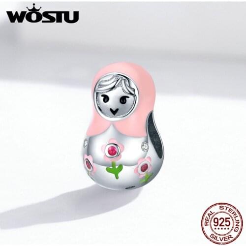 WOSTU Lovely Russian Doll Girls Beads 925 Sterling Silver Fit Original Bracelet Pendant Pink Enamel Charms S925 Jewelry FIC1435