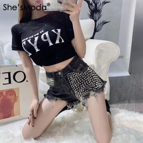 ShesModa Jeans Punk Distreaaed Moustache Effect Rivets 2020 Summer Womens Shorts Tassel Denim Shorts