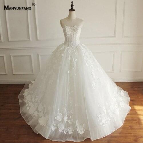 100% Real Cap Sleeve Chapel Train Satin Bridal Ball Gown Custom Made Zipper Back Embroidery Appliques Wedding Dress 2021