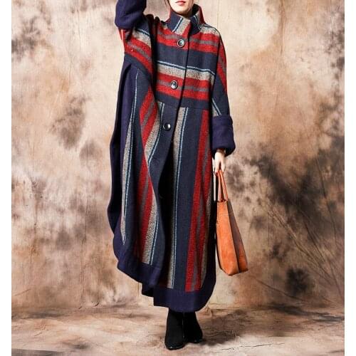 2019 female new winter plus size striped woolen collar collar personality fashion explosion star striped loose coat