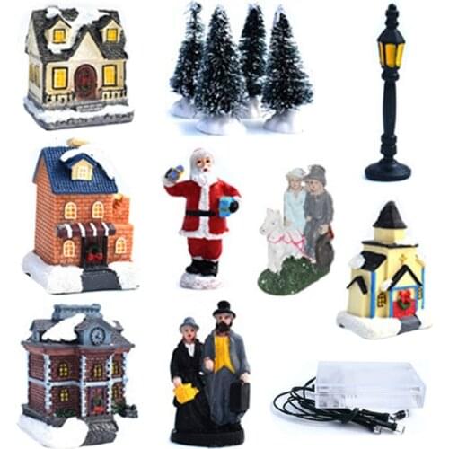 10 Pcs Christmas Scene Village Light Up House Sets Christmas Lighting Ornament LED Light Up Battery Operated Lovely Xmas