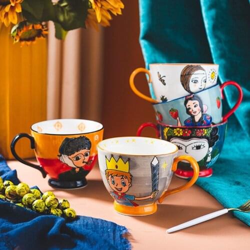 2pcs Creative Hand-painted Milk Breakfast Cup Ceramic Oatmeal Cup Household Large Capacity Bowl Cute Couple Set Cup