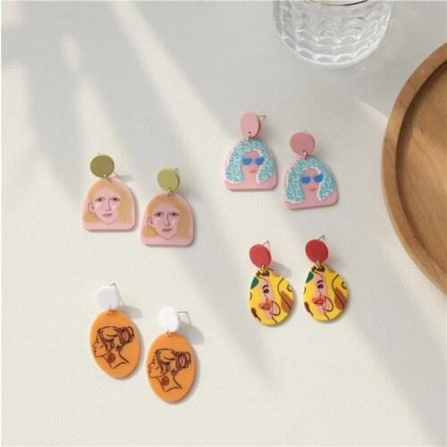 AOMU 2021 New Fashion Colorful Acrylic Geometric Round Oval Portrait Pattern Drop Earrings for Women Girls Jewelry Gifts