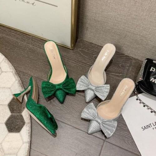 Soring Med Heel Mules Slippers Ladies Pointed Toe Strange Style Crystal Outside Sandals Shoes Women Casua plus big size shoes