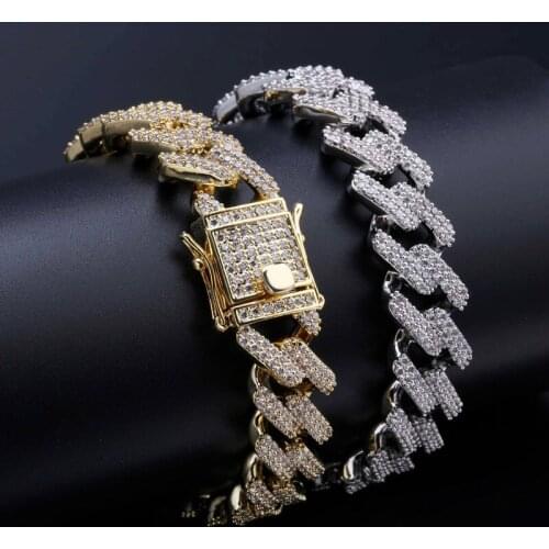 14mm Hip Hop Full AAA Zircon Ice Out Bling Rhombus Cuban Curb Miami Link Chain Bracelets for Men CZ Rapper Jewelry