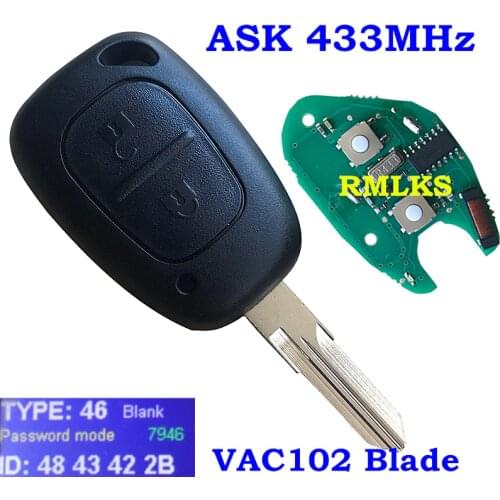 For Renault Car Vehicle 2 Button Remote Head Car Key Fob 433Mhz ASK PCF7946 Chip For VIVARO MOVANO TRAFFIC MASTER KANGOO