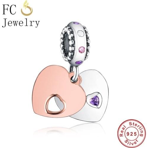 FC Jewelry Fits Original Brand Charm Bracelet 925 Silver Double Hearts Mix Color CZ Beads Necklace Pendant DIY Making Berloque