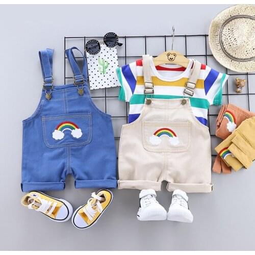 Baby Boys/ Girls Summer Clothing Set Casual O-neck T Shirt Strap +Jeans Rompers Short 2PC /Set Children Fashion Infant Costume