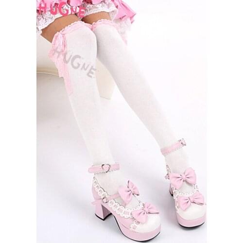 Sweet White Black Cotton Lolita stockings Knee High Socks Lace Trim Bow Decor