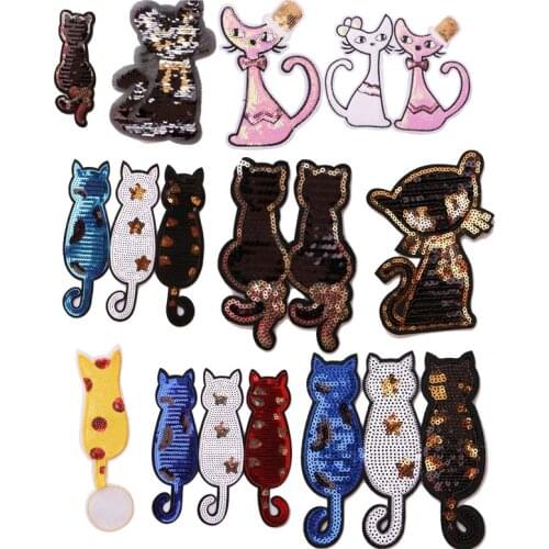 Fashion decoration patch Cat sequins icon Embroidered Applique Patches For kawaii clothes DIY Iron on Badges on a backpack