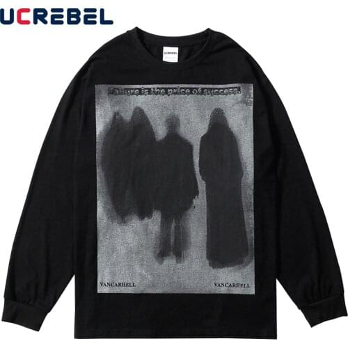 Demon Print Long Sleeve T-shirt Mens High Street Crew Neck Cotton Tee Streetwear Loose Casual T Shirt Men