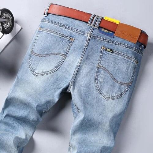2021 Spring and Autumn New Mens Denim Business casual Style Sky Blue high Elastic Solid Color Slim fit thin Jeans Male Brand