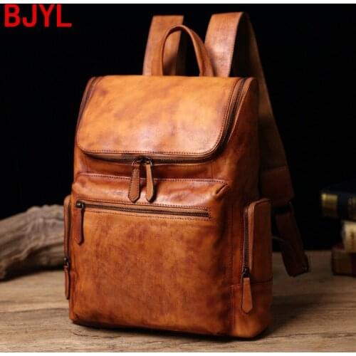 Genuine Leather Mens Backpack Casual Portable Laptop Bag Vintage School Bags Large Capacity Travel Cow Leather Men Solid Bag