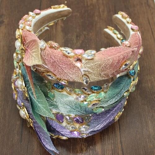 Luxury Sparkly Handmade Baroque Embroidery Leaves Crystal Headbands Rhinestones Hairbands For Women Wedding Hair Accessories