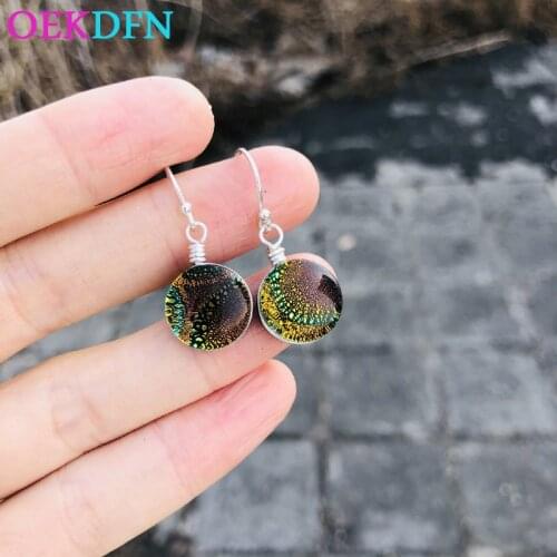 OEKDFN Real 925 Sterling Silver Drop Earrings For Women 12mm Round Colorful Glaze Gemstone Party Wedding Fine Jewelry Gift
